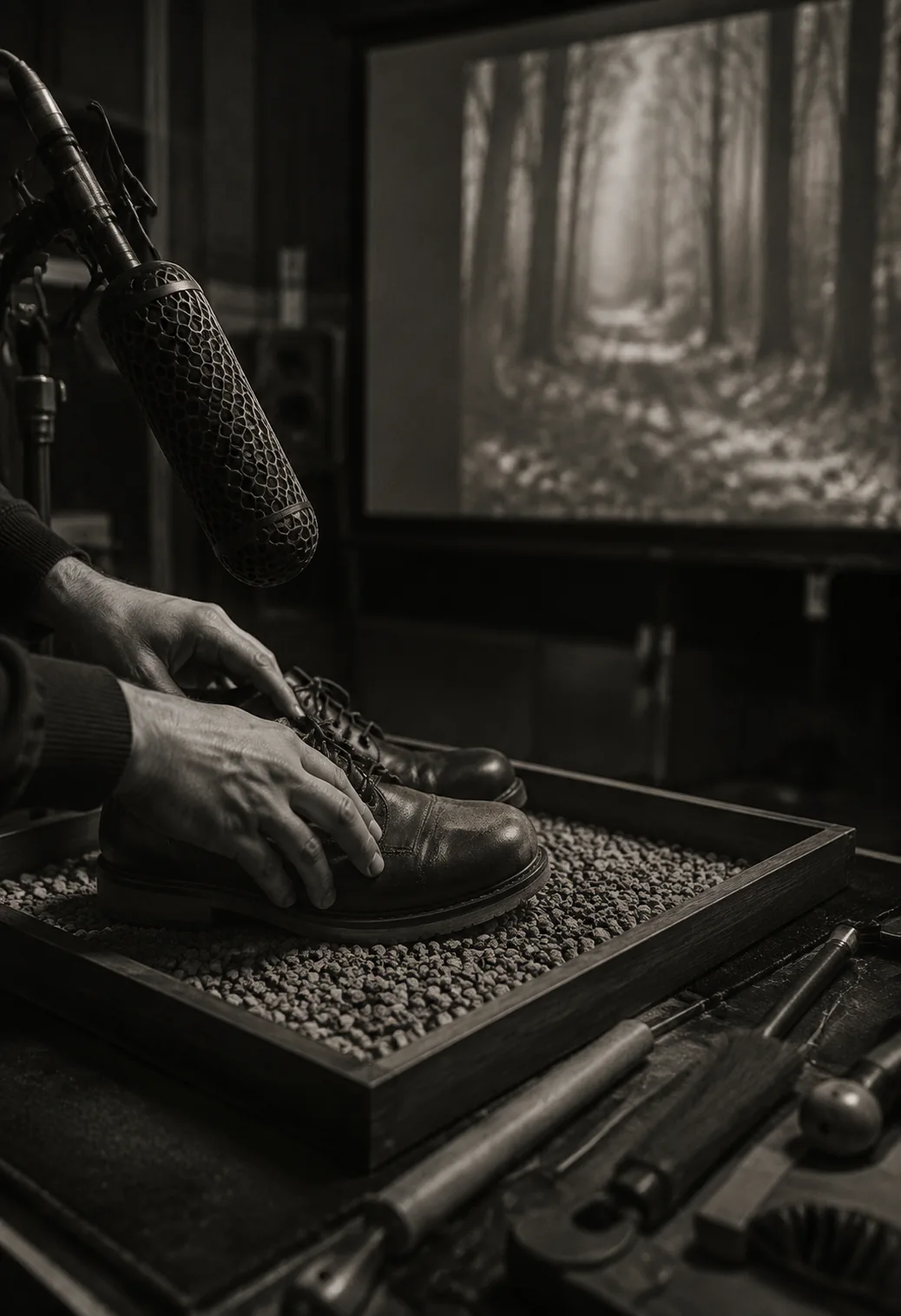A Foley artist recording footsteps for a film.
