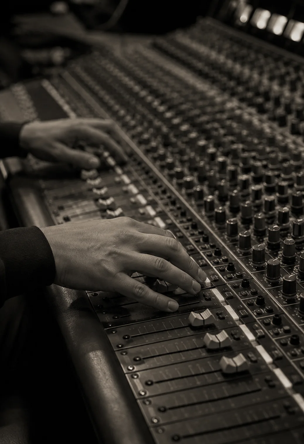 An engineer balancing sound at an analogue mixing desk.