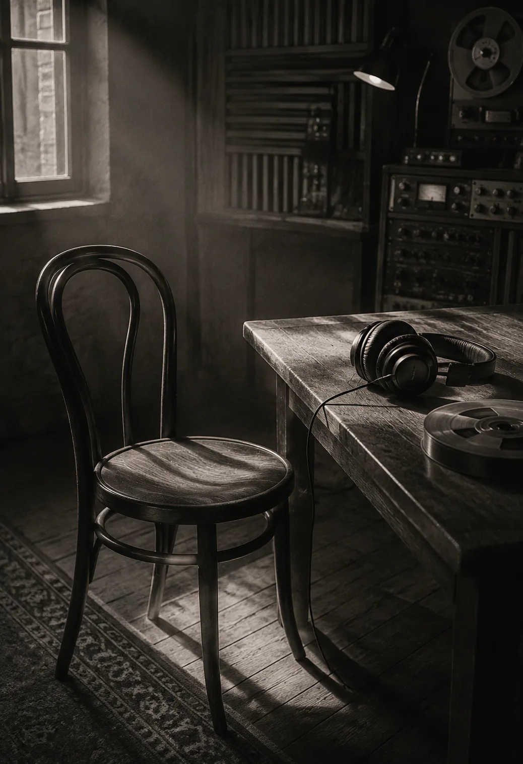 An empty studio chair and headphones, ready for a new idea.