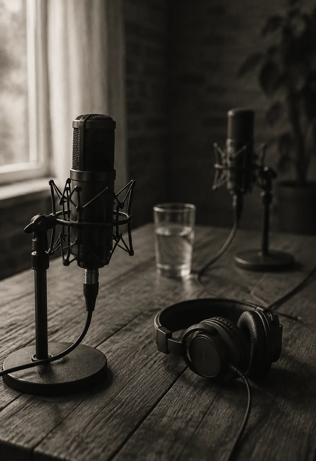 Two microphones arranged for a conversation in the studio.