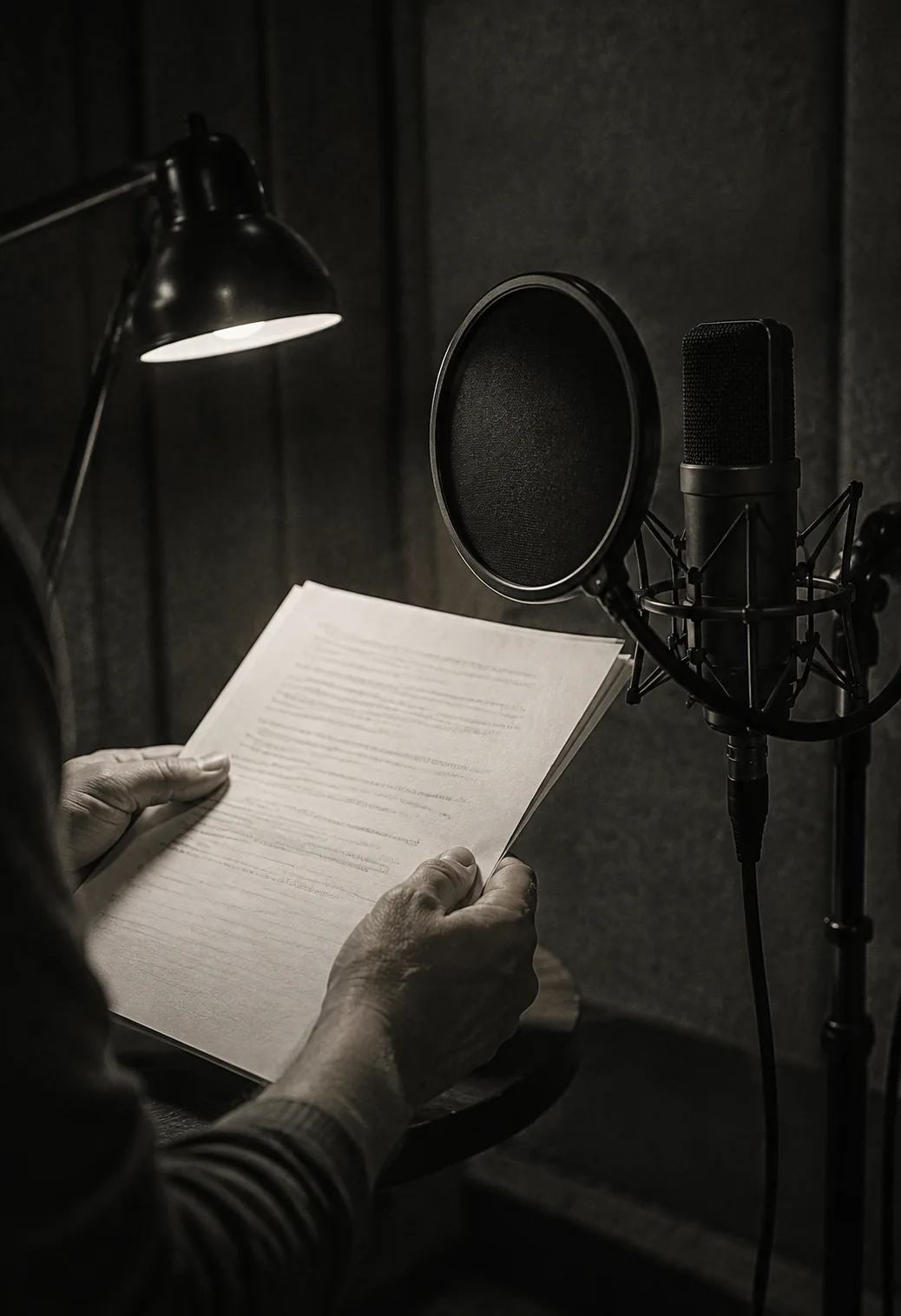 A script and microphone ready for a spoken-word recording.