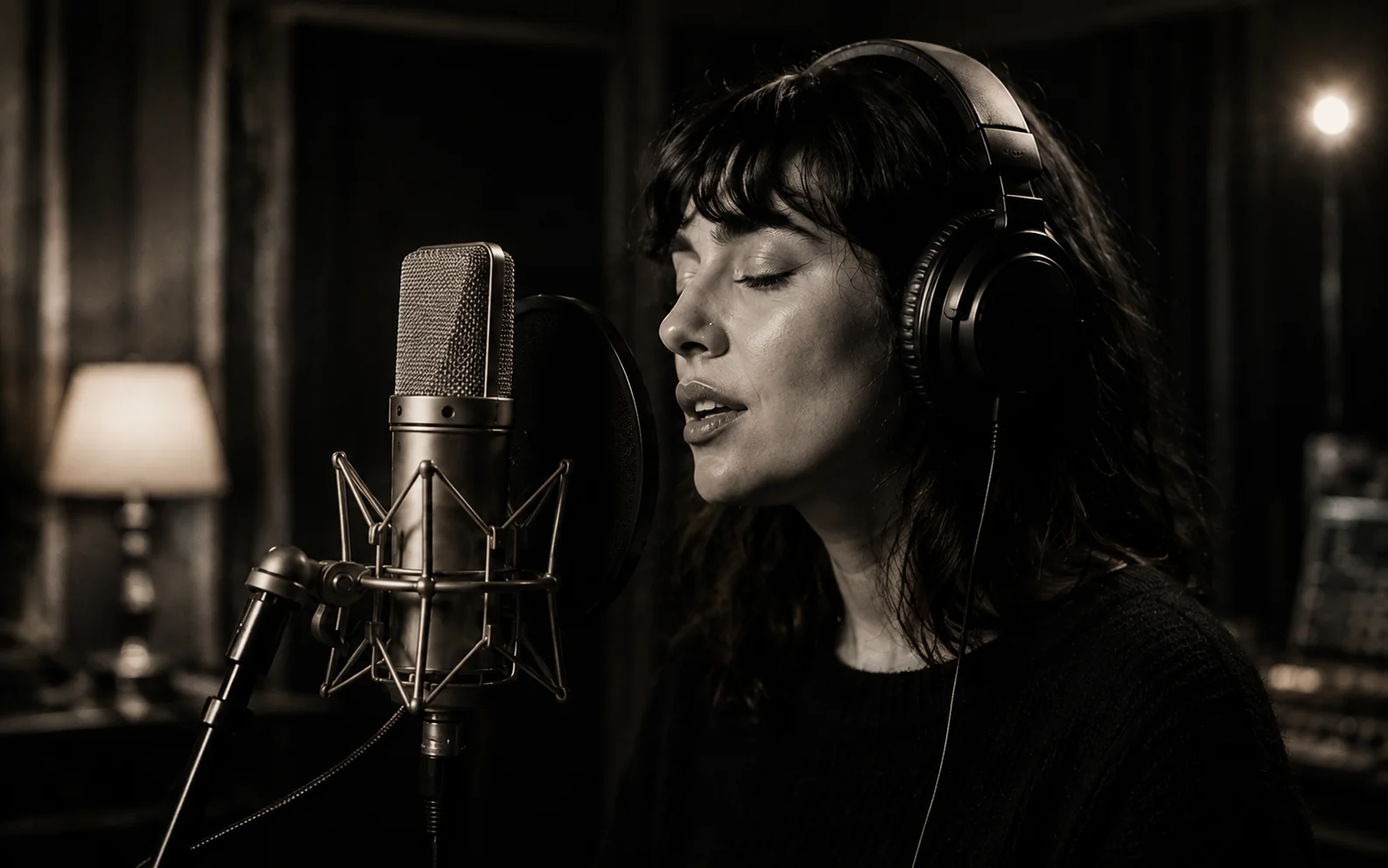A vocalist recording at a studio microphone, illustrative photography